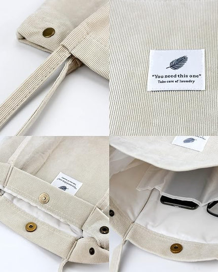Corduroy Tote Bag Cute Tote Bags for Women Shoulder Bag with Inner Pocket for Work Beach Travel and Shopping Grocery