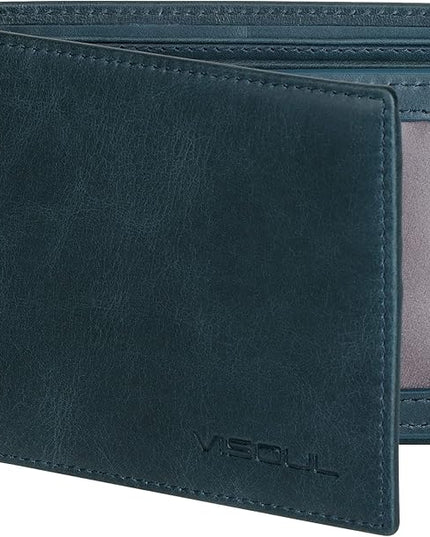 VISOUL Mens Bifold Leather RFID Blocking Wallet with 2 ID Windows, Soft Genuine Leather Card Holder Wallet with 2 Cash Compartments for Men (Dark Blue)