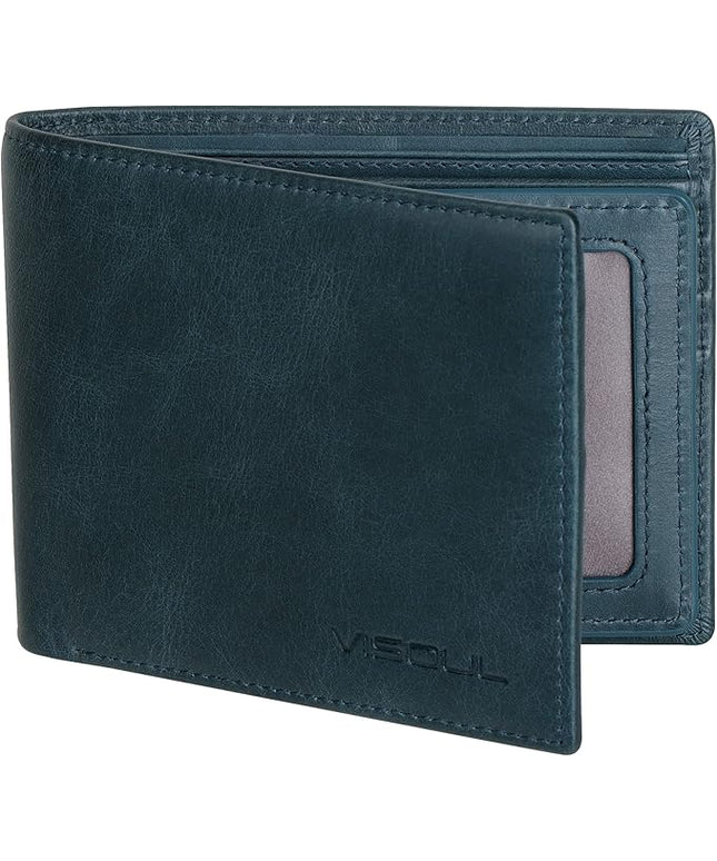 VISOUL Mens Bifold Leather RFID Blocking Wallet with 2 ID Windows, Soft Genuine Leather Card Holder Wallet with 2 Cash Compartments for Men (Dark Blue)