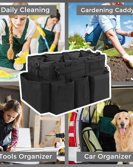 Wearable Cleaning Caddy Organizer with Handle & Shoulder Straps for Housekeepers, Under Sink & Car Cleaning Tool Organizer Bag with 4 Foldable Dividers (Black)