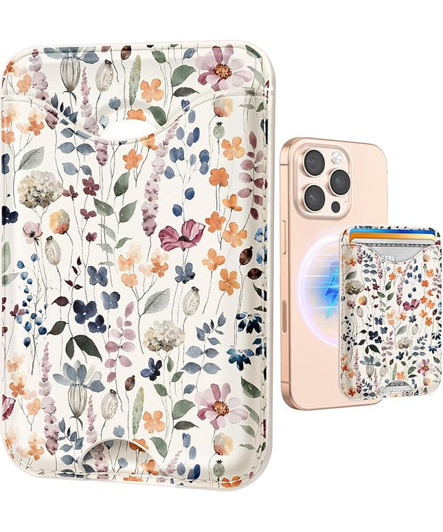 Shorogyt Compatible with Magsafe Wallet Magnetic Card Holder - Watercolor Flower Phone Wallets for Women Teen Girls Cute for iPhone 17/16/15/14/13/12 Series Slim for Apple Mag Magnet, Fit 3 Cards