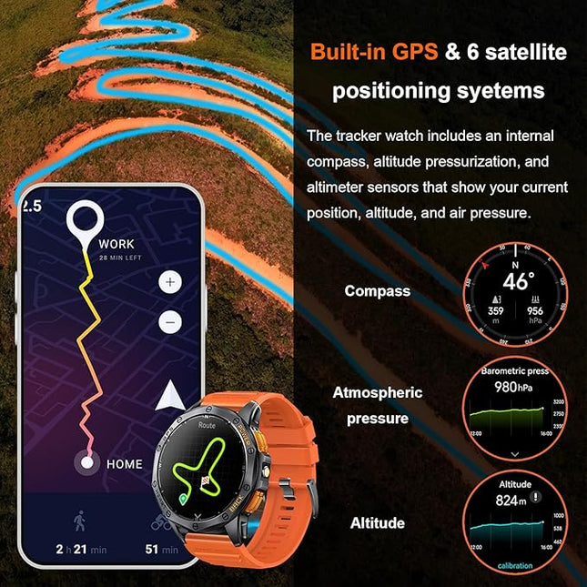 Military Smart Watches Built-in GPS, 170+ Sport Modes for Men with Flashlight, Smartwatch for Android Phones and iPhone, 1.43" AMOLED Screen Bluetooth Call Compass Altimeter (Black & Orange (2 Bands))