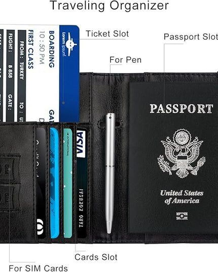 WALNEW Passport Holder for Travel, RFID Passport Cover Wallet for Women Men, PU Leather Passport Book Card Holder Case with Pen, Travelling Essentials for Flying