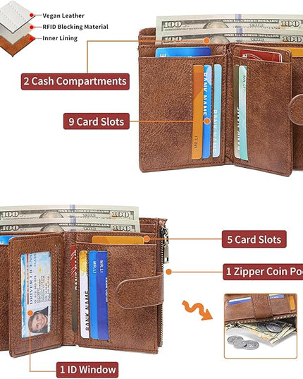 GAEKEAO Small Wallets for Women Leather RFID Blocking Bifold Zipper Pocket Wallet Card Case Purse with ID Window