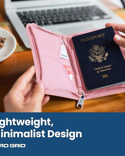 Zero Grid Passport Holder & Travel Wallet with RFID Blocking, Premium Document Organizer for Men & Women, Holds Passports, Cards, Tickets, ID & Cash, Compact Zippered Wallet - Rose Pink