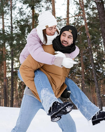 Winter Beanie Hat Scarf Gloves, Warm Fleece Knit Hats Touch Screen Gloves Neck Scarf Set Winter Gifts for Unisex Adult