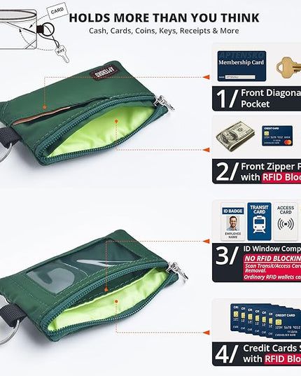 RFID Travel Wallet with Adjustable Lanyard-Zipper Small Wallet with ID Card Holder, Keychain for women&men-Minimalist Slim Waterproof Nylon case for ID, Cash, Key (Forest Green)
