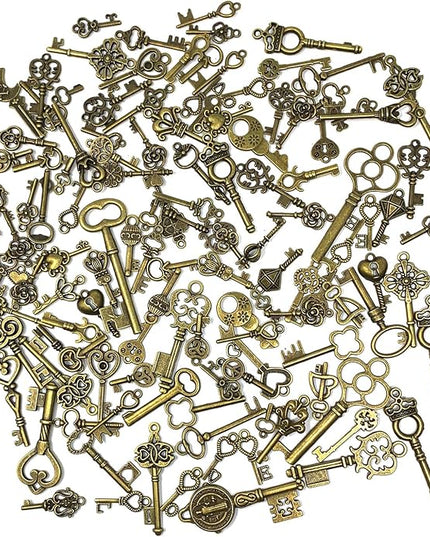 125 PCS Vintage Skeleton Key Set Charms, JIALEEY Mixed Antique Style Bronze Brass for Pendant DIY Jewelry Making Wedding Party Favors