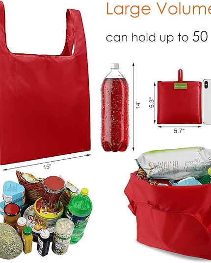 BeeGreen Christmas Red Reusable Grocery Bags with Zipper Storage Pouch 10 Packs Red Reusable Shopping Bags Bulk Foldable-Machine Washable