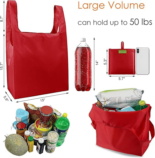 BeeGreen Christmas Red Reusable Grocery Bags with Zipper Storage Pouch 10 Packs Red Reusable Shopping Bags Bulk Foldable-Machine Washable