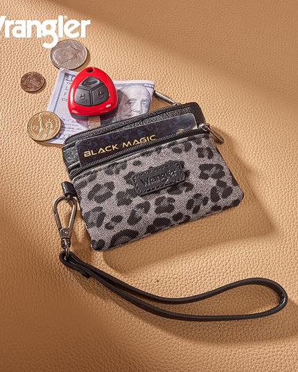 Montana West Wrangler Small Wallet for Women Leopard Print Wristlet Wallets Mini Change Pouch Black