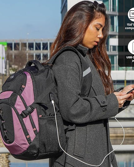 Swissdigital Design Laptop Backpack with USB Charging Port, Travel Backpack Fits 15.6 inches Computer, 31L College School Backpack for Women, Light Purple/Black | SD803-85