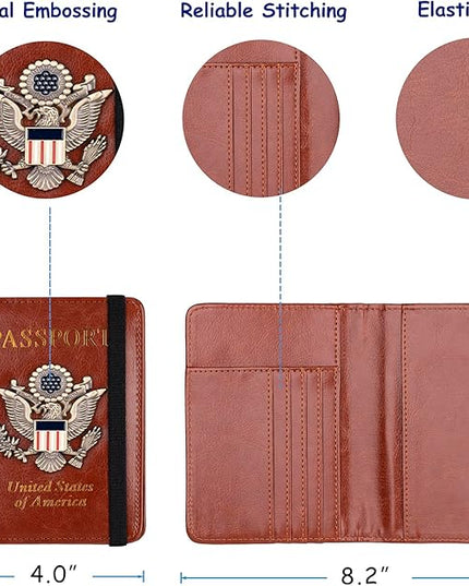 TOURSUIT RFID Blocking Passport Holder for Women Men, Leather Passport Travel Wallet with Metal 3D Metal Badge, Travel Document Holder Cover Accessories (Brown)