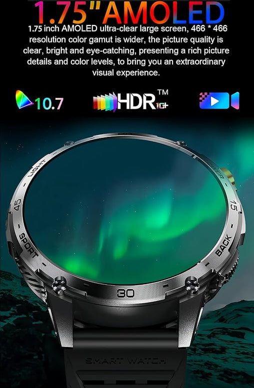 Military Smart Watch, 1.75" Crystal Ultra-Clear AMOLED Display,Spo2 Blood Oxygen Heart Rate Monitor Super Long Standby 730mAh Battery, Bluetooth Calling,LED Flashlight,IP68 Waterproof (Black)