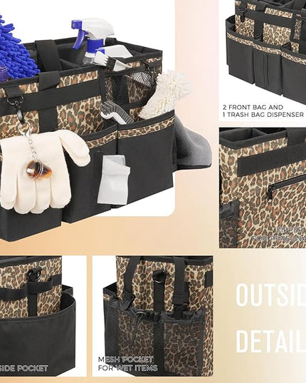 Wearable Cleaning Caddy, Cleaning Caddy Supplies Organizer with Handle & Shoulder Straps for Housekeepers, Under Sink & Car Cleaning Tool Organizers Bag with 4 Foldable Divider (Leopard)