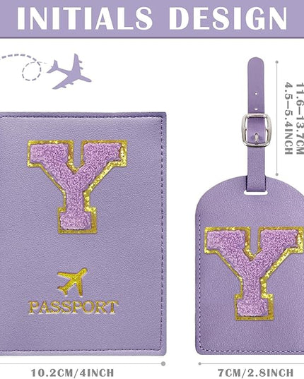 COSHAYSOO Initial Passport Cover Luggage Tag Set Letter Passport Holder Airplane Cruise Travel Essentials Vacation Traveling Accessories Personalized Gifts for Women Teen College Girls Purple Y