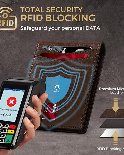 RUNBOX Wallet for Men Bifold RFID Blocking Wallets with 2 ID Window 14 Card Holders 1 cash pocket 1 Gift Box