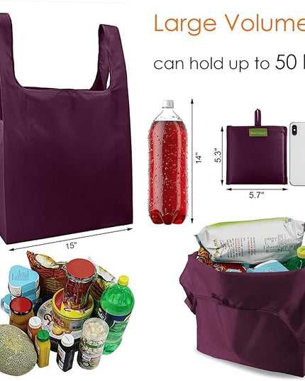 BeeGreen Burgundy Reusable Grocery Bags with Zipper Storage Pouch 10 Packs Wine Red Reusable Shopping Bags Bulk Foldable-Machine Washable
