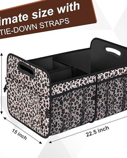 Femuar Car Trunk Organizer, Large Capacity Collapsible Trunk Storage with 11 Pockets, Waterproof, Non-Slip, Suitable for Car, SUV, Truck, Van, Jeep, Sedan, Leopard Print