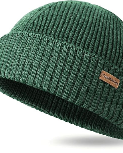 100% Merino Wool Fisherman Beanie for Men Women, Short Knit Cuff Trawler Winter Hat, Warm Soft Outdoor Gift