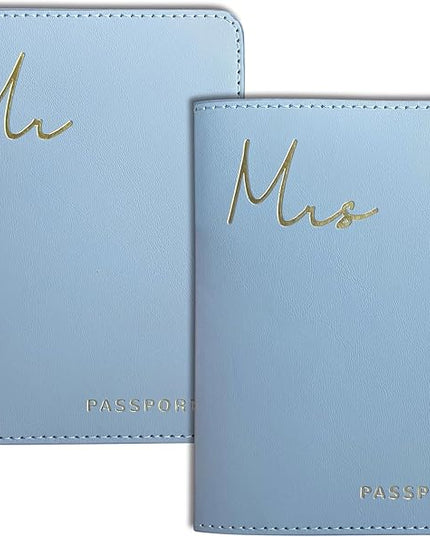 Mr&Mrs Gifts Matching Passport Covers for Mr and Mrs, Husband and Wife Gits - Engagement Gifts for Couples, Honeymoon Travel Essentials Gift for Newlyweds(MM Light Blue)