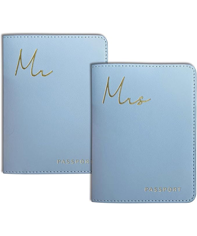 Mr&Mrs Gifts Matching Passport Covers for Mr and Mrs, Husband and Wife Gits - Engagement Gifts for Couples, Honeymoon Travel Essentials Gift for Newlyweds(MM Light Blue)