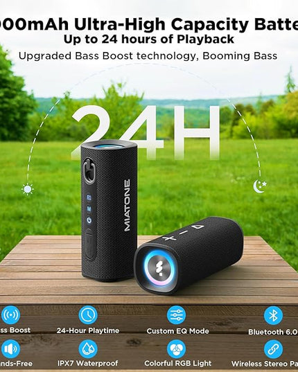 MIATONE Bluetooth Speaker 40W BT 6.0 Outdoor Portable Bluetooth Speakers with 3 EQ,Deep Bass,24H Playtime TWS,IPX7 Waterproof Shower Speakers Bluetooth Wireless Portable Speaker for Party/Beach-Black