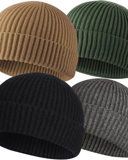 ROYBENS 4 Pack Wool Fisherman Beanies for Men, Knit Short Watch Cap Winter Warm Hats