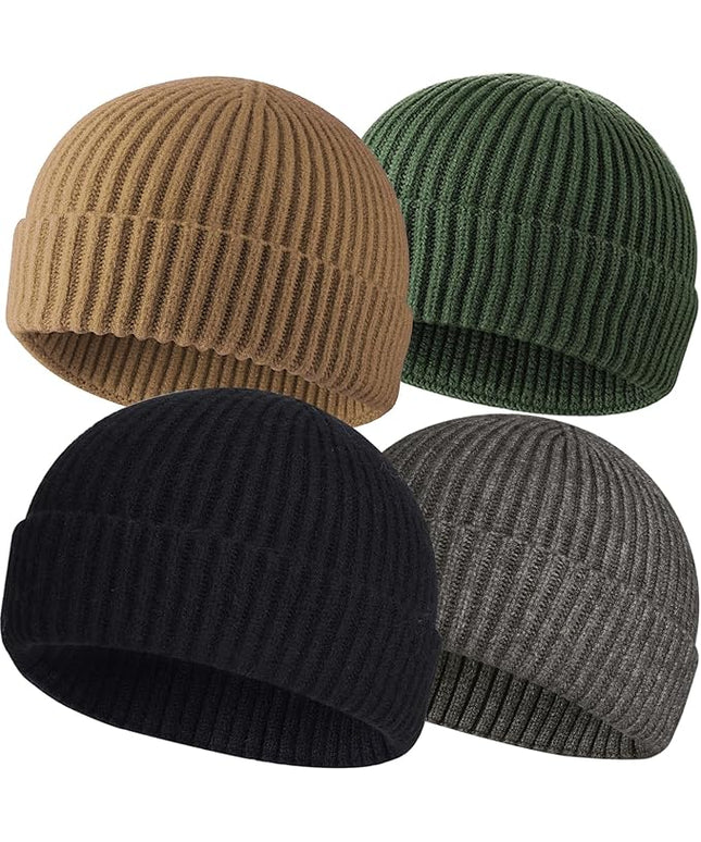 ROYBENS 4 Pack Wool Fisherman Beanies for Men, Knit Short Watch Cap Winter Warm Hats