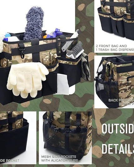 Wearable Cleaning Caddy Organizer with Handle & Shoulder Straps for Housekeepers, Under Sink & Car Cleaning Tool Organizer Bag with 4 Foldable Dividers (Camouflage)