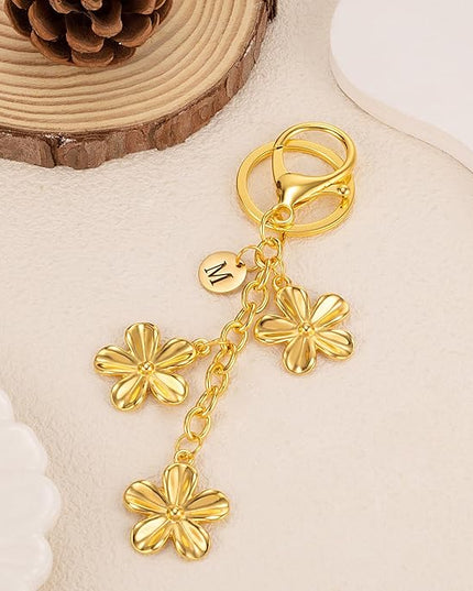 XGALBLA Gold/Silver Initial Keychain Flower Charms for Key Cute Letter Keyring for Purse Handbag Backpack