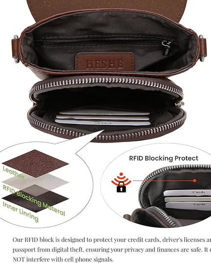 HESHE Leather Small Crossbody Bags for Women RFID Blocking Cell Phone Purse Anti-Theft Travel Bag with wide Straps