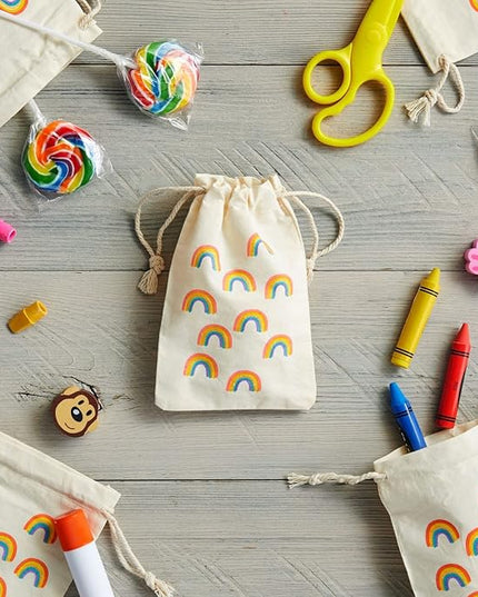 Juvale Rainbow Canvas Bags - 4 x 6 In, Pack of 12 - Mini Canvas Drawstring Bags for Kids & Party Favors - Rainbow Design