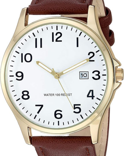 Amazon Essentials Men's Easy to Read 42mm Leather Band Analog Watch