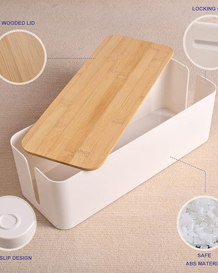 Cable Management Box - Wooden Style Large Cord Organizer Box to Hide Wires & Power Strips | Desk Computer Cable Organizer Box | Safe ABS Material |16" (L) x 6.2" (W) 5.3" (H)|for Home & Office - White
