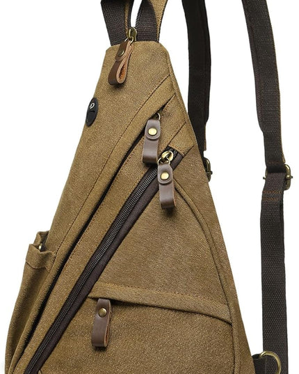 Vintage Canvas Sling Bag with Genuine Leather Zipper, 3 in 1 Crossbody, Backpack, and Chest Bag, for Travel, Hiking, 16x10x6 Inches, Coffee