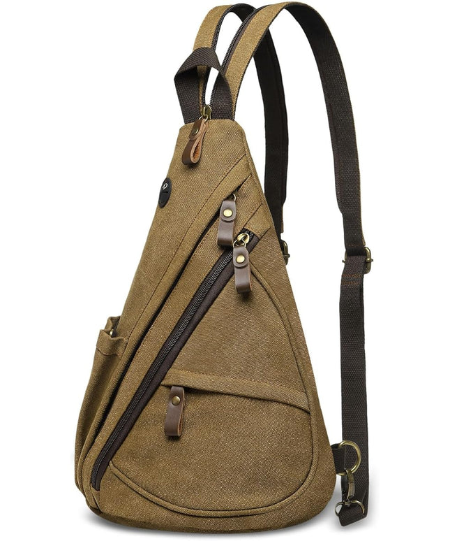 Vintage Canvas Sling Bag with Genuine Leather Zipper, 3 in 1 Crossbody, Backpack, and Chest Bag, for Travel, Hiking, 16x10x6 Inches, Coffee