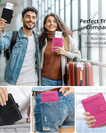 2 Pack Passport Holder for Travel with Luggage Tag Cover – RFID Blocking Passport Wallet Holder for Women & Men | PU Leather Passport Case with Money Pocket & Magnetic Clasp, Blac & Pink