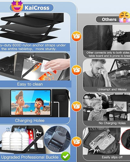 KaiCross Car Backseat Organizer with Table Holder,10 Storage Pockets Backseat Car Organizer and Storage with 600D Oxford Cloth,Travel Essentials,Kick Mats Back Seat Protector-2 Pack