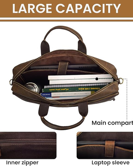 Vintage Leather Messenger Bag for Men, 16” Laptop Satchel with Adjustable Shoulder Strap, Briefcase Office Work & Travel Bag