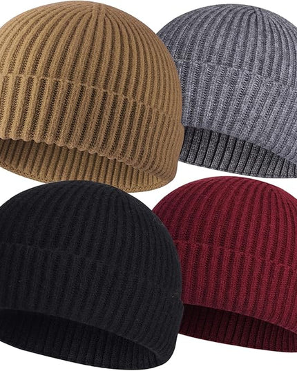 ROYBENS 4 Pack Wool Fisherman Beanies for Men, Knit Short Watch Cap Winter Warm Hats
