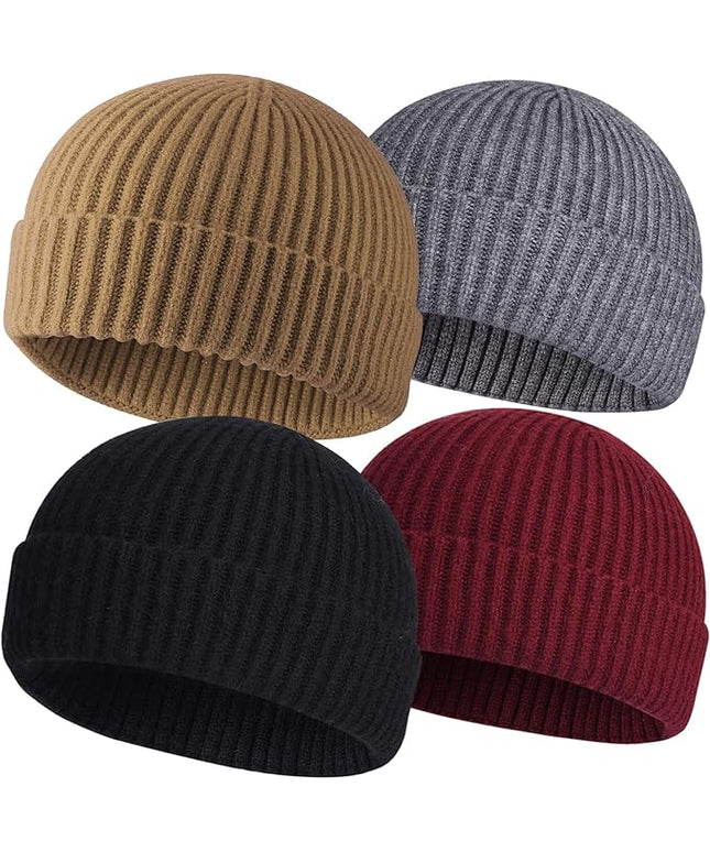 ROYBENS 4 Pack Wool Fisherman Beanies for Men, Knit Short Watch Cap Winter Warm Hats