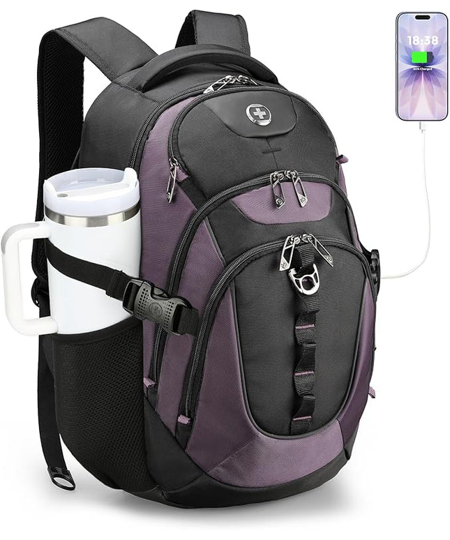 Swissdigital Design Laptop Backpack with USB Charging Port, Travel Backpack Fits 15.6 inches Computer, 31L College School Backpack for Women, Light Purple/Black | SD803-85