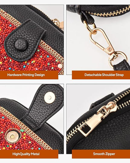 Women's Small Crossbody Cell Phone Bag, Boho Colorful Beaded Purse Wallet with Handmade Cute Patterns
