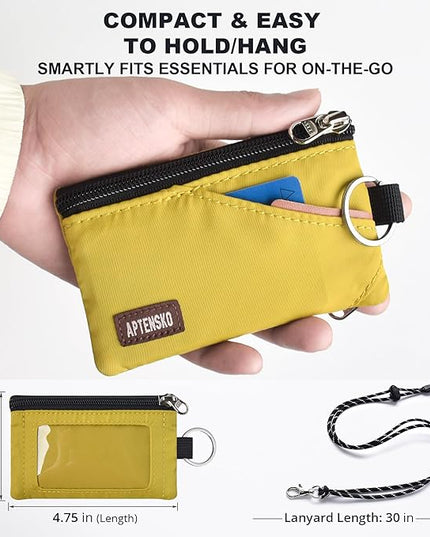 RFID Travel Wallet with Adjustable Lanyard-Zipper Small Wallet with ID Card Holder, Keychain for women&men-Minimalist Slim Waterproof Nylon case for ID, Cash, Key (Dark Yellow)
