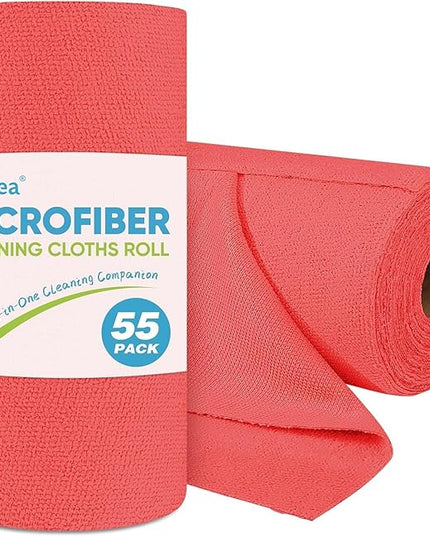 AIDEA Microfiber Cleaning Cloth Roll, Red Shop Towels 55 Sheets Washable, Microfiber Towels for Cars, Shop Rags Reusable Paper Towel for Automotive, Workshop, House, Kitchen, Cleaning Supplies11×9"