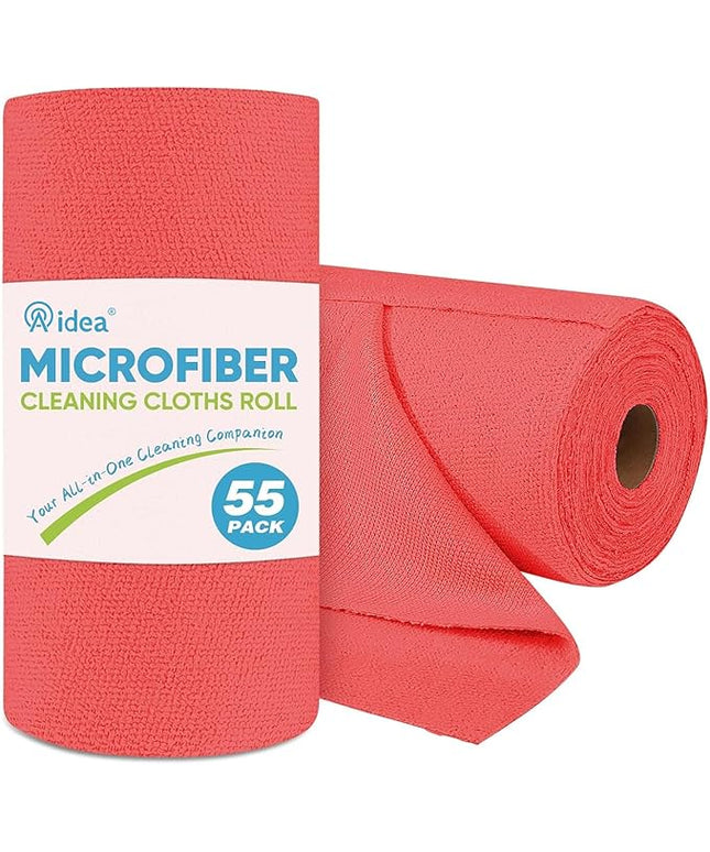AIDEA Microfiber Cleaning Cloth Roll, Red Shop Towels 55 Sheets Washable, Microfiber Towels for Cars, Shop Rags Reusable Paper Towel for Automotive, Workshop, House, Kitchen, Cleaning Supplies11×9"