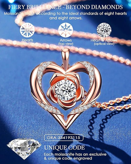 Beam & Bask Rose Flower Heart Moissanite Necklaces for Wife, S925 Silver Pendant for Women, 18K Gold Plated Jewelry for Her Girlfriend Mom for Anniversary Birthday