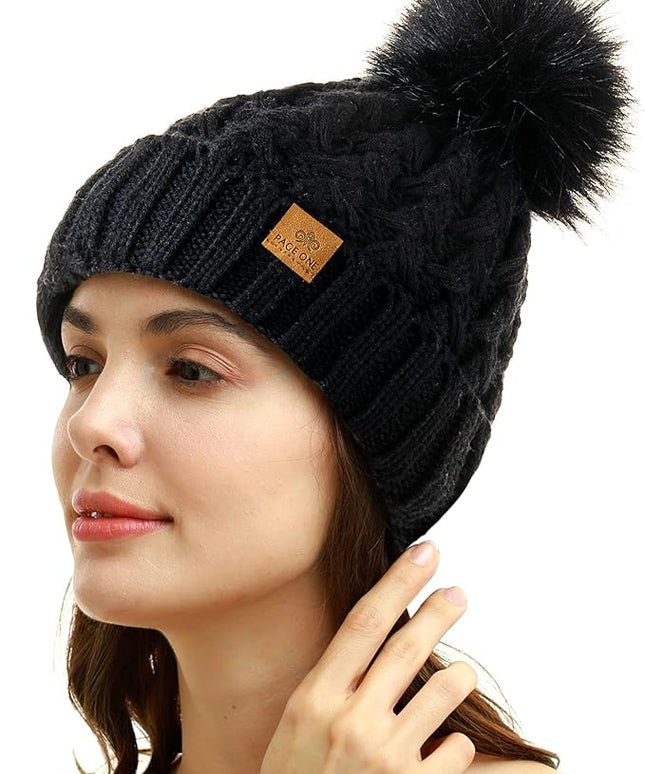 PAGE ONE Womens Winter Ribbed Beanie Crossed Cap Chunky Cable Knit Pompom Soft Warm Hat