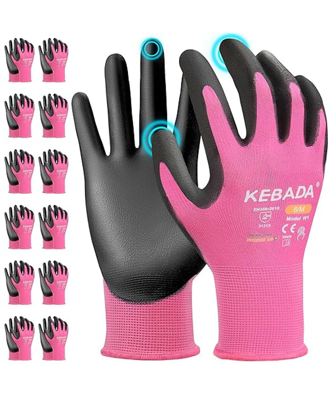 Kebada W1 Work Gloves Women, PU Coated Safety Gloves with Grip, Touchscreen, Ideal for Warehouse Package Handling, Construction, Gardening, Pink Large